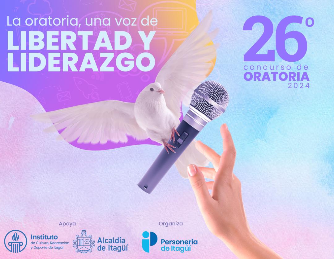  26º Concurso de Oratoria 2024 “La oratoria, una voz de libertad y liderazgo”. simbolo del concurso una paloma blanca entregando un micrófono a las manos de un orador